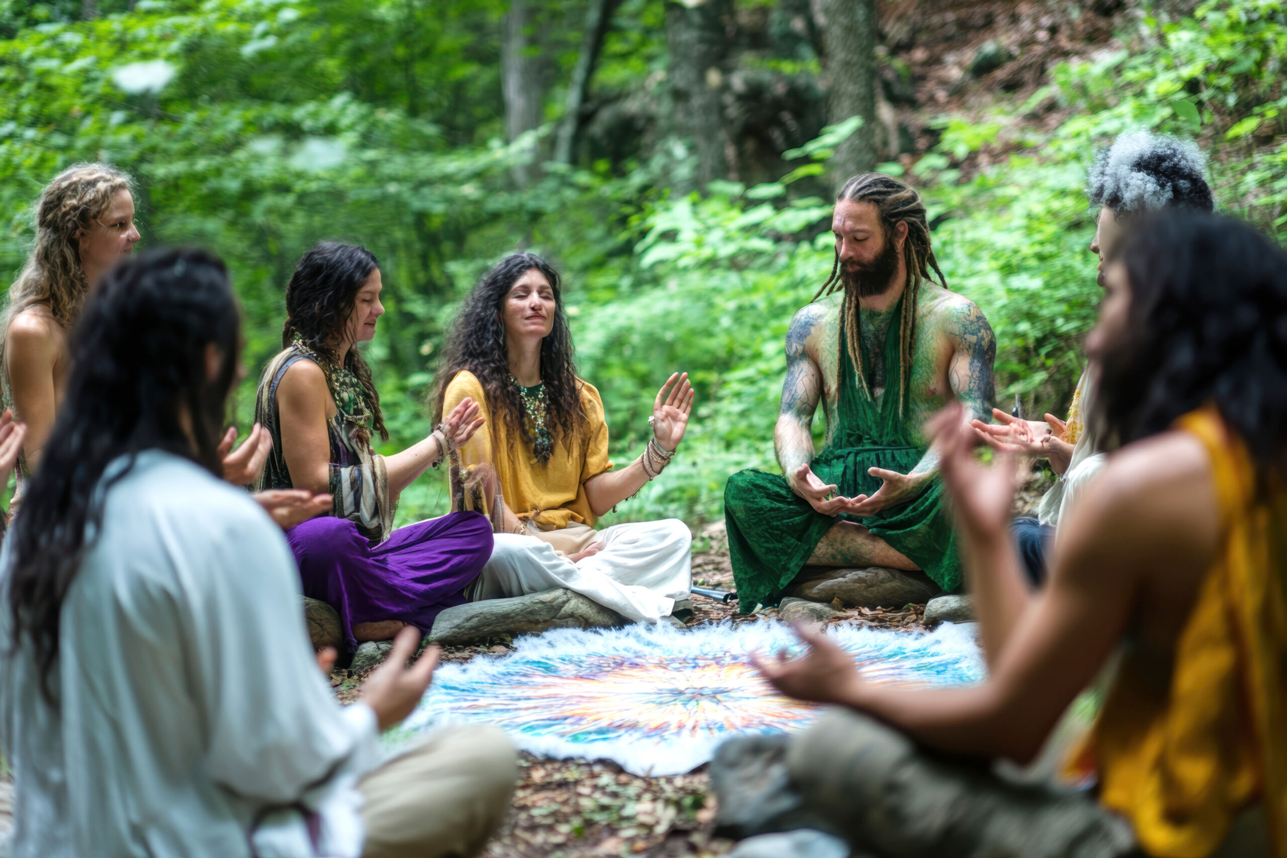 Outdoor meditation circle in lush forest setting for peaceful mi
